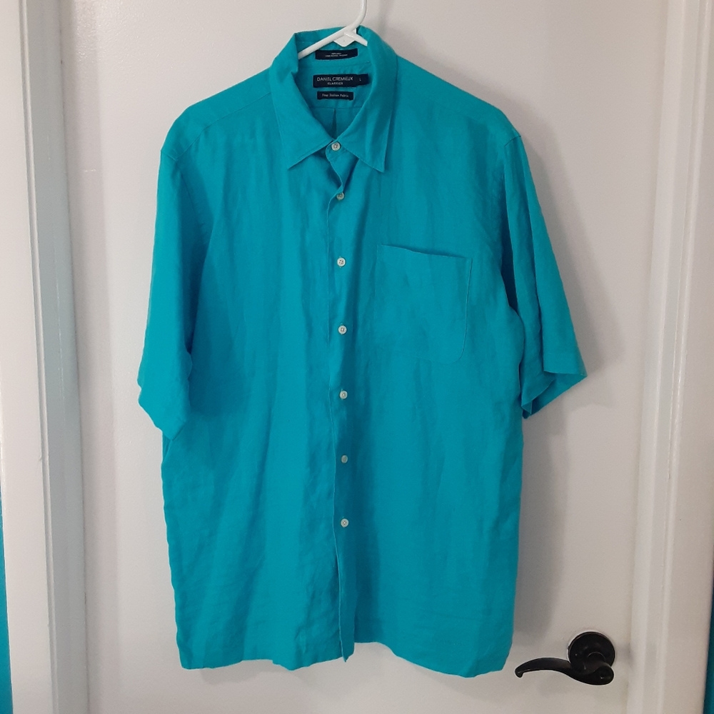 💥Sale💥 Daniel Cremieux Mens Large Blue Italian Linen Short Sleeve Button Up